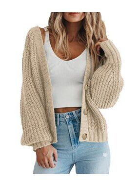Chunky Knit Open Front Cardigan Long Sleeve Button Loose Short Sweater